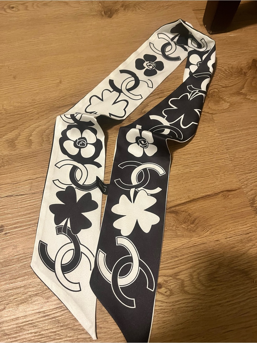 Chanel Black White Camellia Twilly Silk Skinny Scarf, Bag Ribbon / Headband